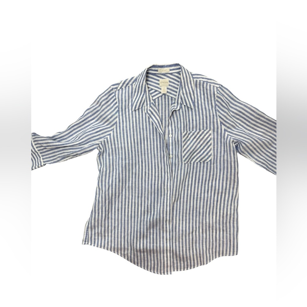 Chicos Blue & White Stripe 100% Linen Button Down size 2
